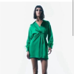 ZARA FEATHER SATIN EFFECT DRESS GREEN - REF. 8747/575 SIZE SMALL